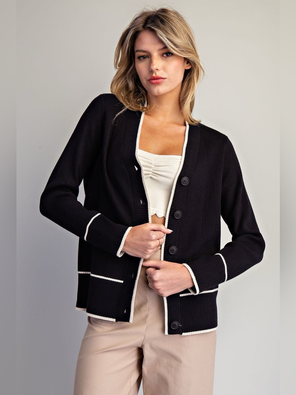 Ee:some Black Contrast Trim Button Down Cardigan